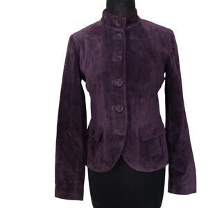 Cache Purple Fitted Leather Suede Jacket Top New Lined Banded Collar $248 NWT